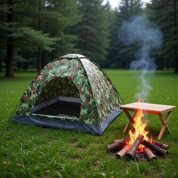 3-4 Person Camping Dome Tent Camouflage 180T Silver Coated Polyester Waterproof Oxford Floor Fiberglass Poles Lightweight Portable with Carry Bag for Family Hiking Outdoor Adventures