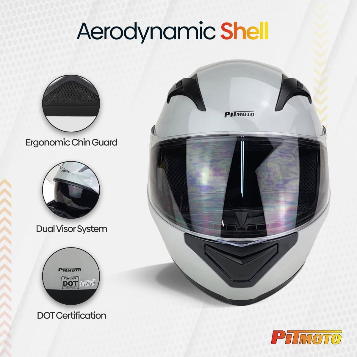 PITMOTO PM-888, Full Face Dual Visor DOT Approved Motorcycle Helmet-Gray-Large