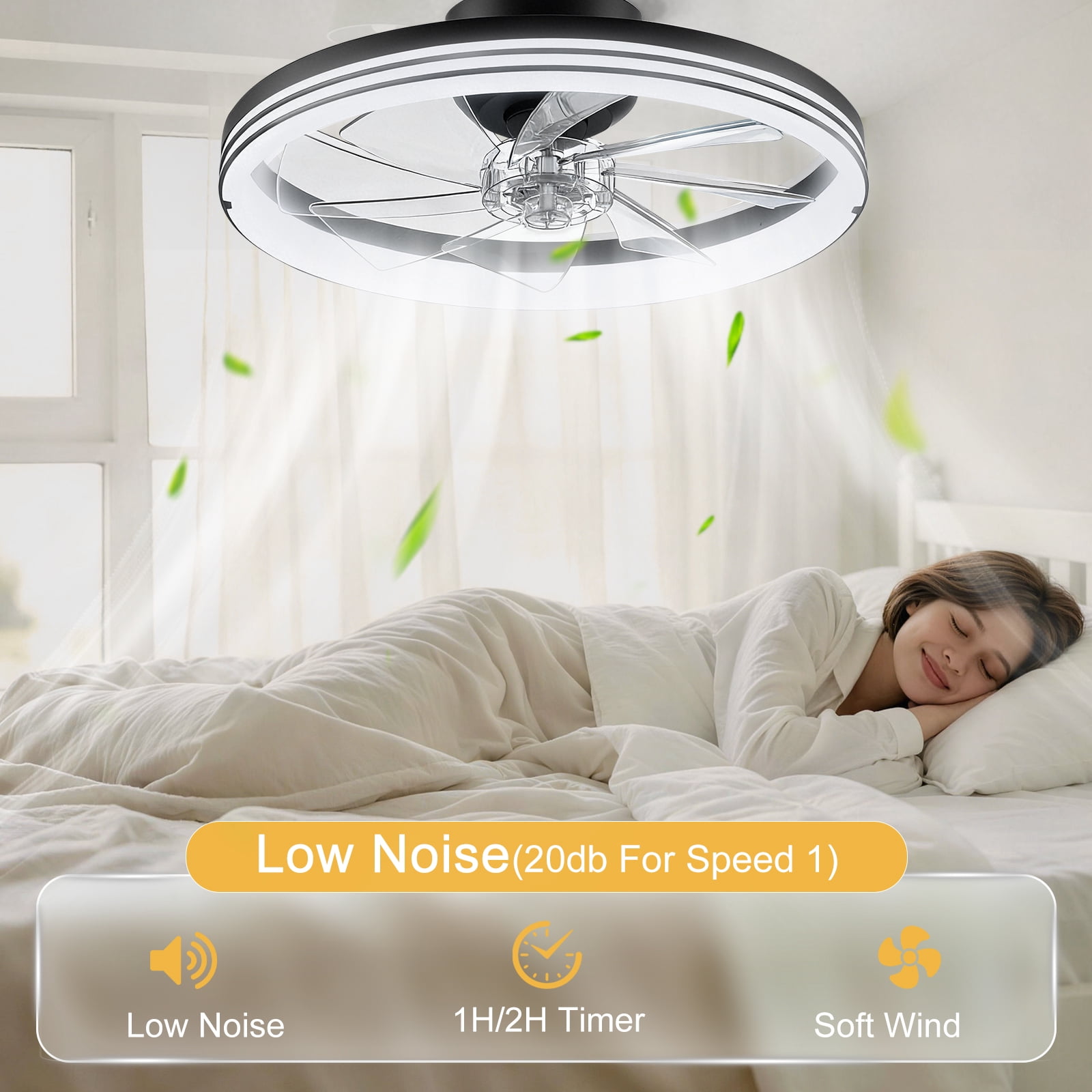 Ceiling Fan with Light, 20" Modern Low Profile Foldable Ceiling Fans with 6 Wind Speeds, Dimmable Smart Ceiling Fan Light with Remote