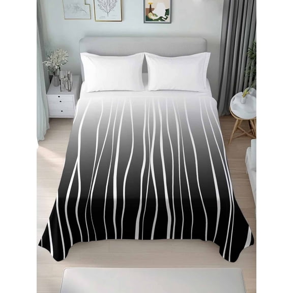 Black White Queen Size Flat Sheet, Wrinkleproof & Fadeproof Cooling Flat Bed Sheet Only, Ombre Gradient Striped Minimalist Texture Breathable Soft Bedding Top Sheets 90 x 102 Inches