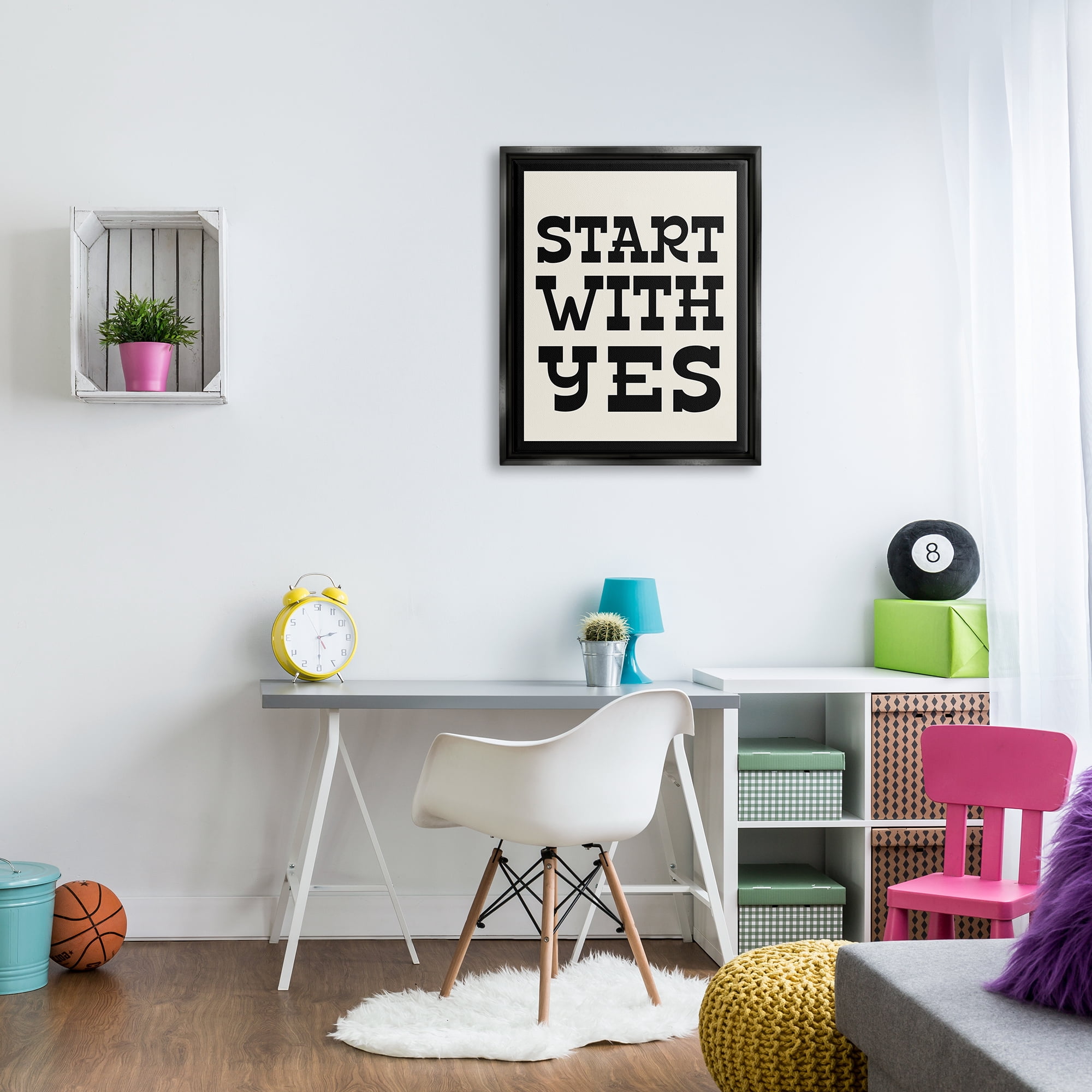 Stupell Industries Start With Yes Phrase Inspirational Painting Black Floater Framed Art Print Wall Art, 25 x 31