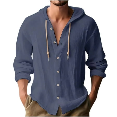 Afuyipoi Men 4XL 5XL Causal Shirts Round-Neck Button-Up Solid Color With Hooded Blouse Navy 5XL