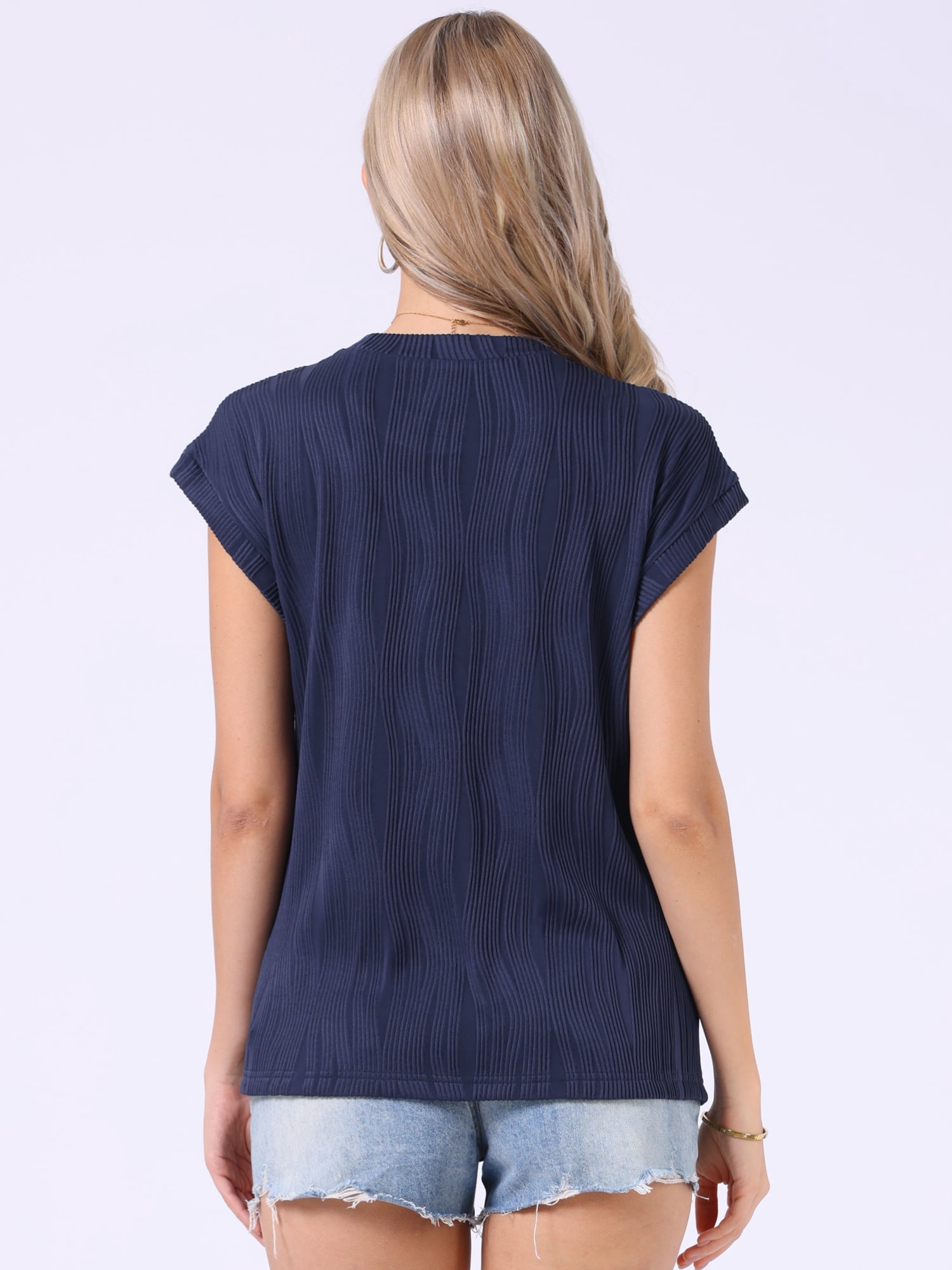 DARING DIVA Women's Short Sleeve Crew Neck Textured Casual Shirts M Navy Blue