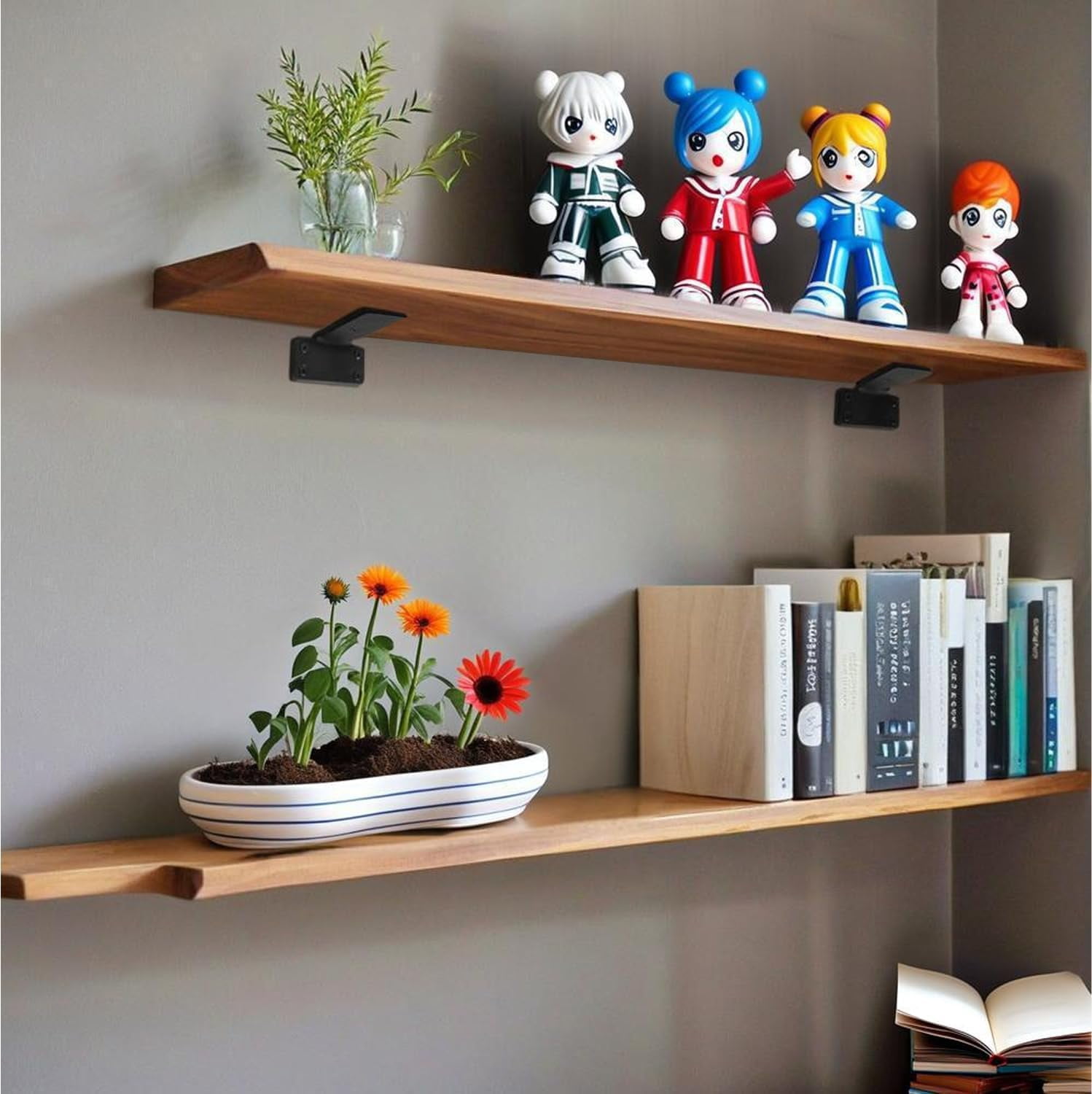 4 Inch Heavy Duty Floating Shelf Brackets,Hidden Black Metal L Bracket,Industrial Modern Wall Shelving Supports,4 Pack