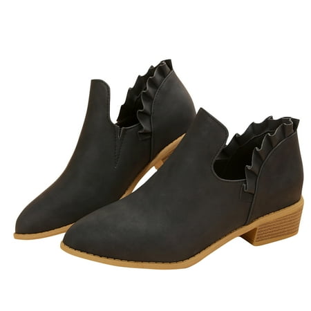 KIJBLAE Women s Ankle Boots Low Heel Pointed Toe Slip On Ruffle Faux Leather Booties Comfortable Chunky Heel Shoes Black 41