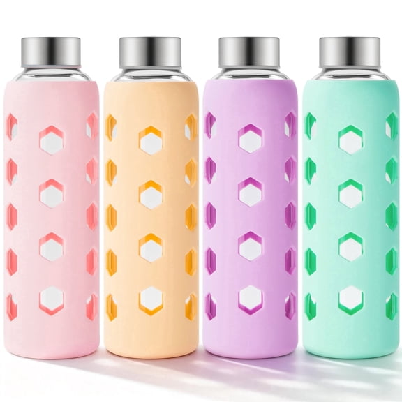 Glass Juice Bottles with Lids and Silicone Sleeves 18 oz, 4-Pack Reusable Clear Glass Water Bottles with Stainless Steel Airtight Cap for Juicing, Refrigerator, BPA Free Leak-Proof Drinking Jar