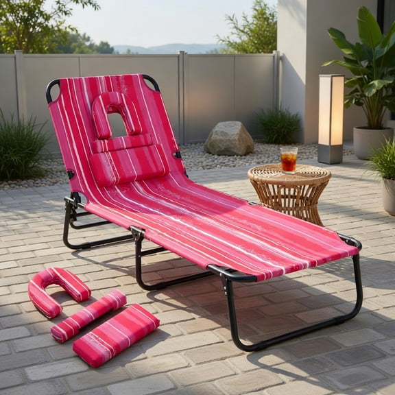 GVN Chaise Lounge Outdoor, Lounge Chair Outdoor,Beach Chaise Lounge Chair with Face Hole and Removable Pillow-Hot Pink