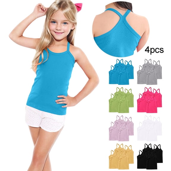 Eltusu Girls Cotton Tank Tops, Y-Back 4 Pieces Sleeveless Breathable Kids Undershirts Blue Size 10-12 T