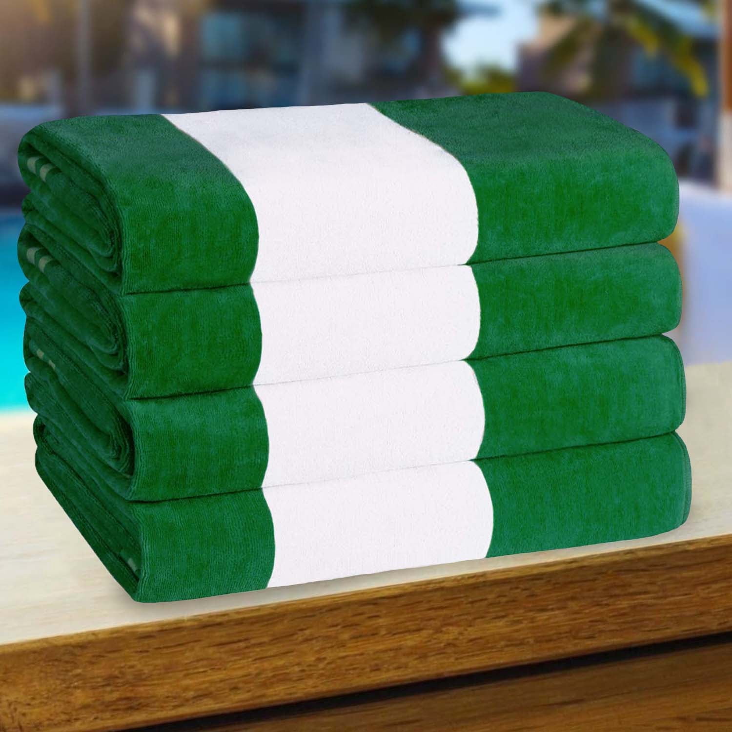 Superior Cabana Striped 4-Piece Oversized Cotton Beach Towel Set, Dark Green