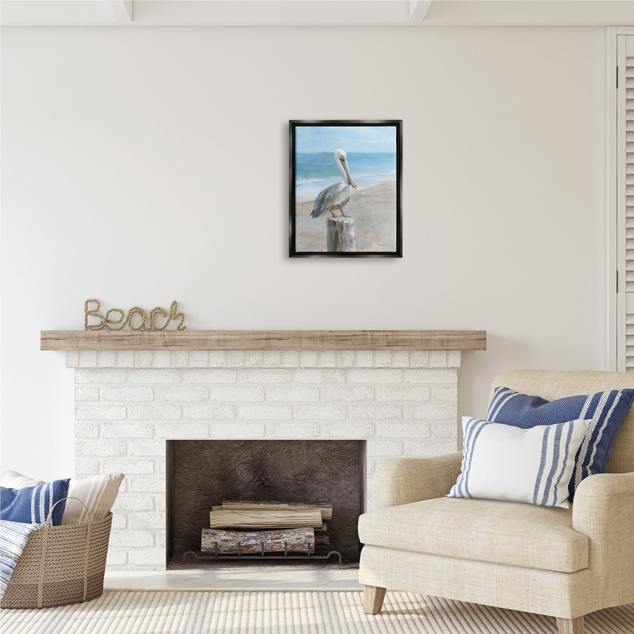 Stupell Industries Pelican Perched on Coast Animals & Insects Painting Black Floater Framed Art Print Wall Art, 17 x 21