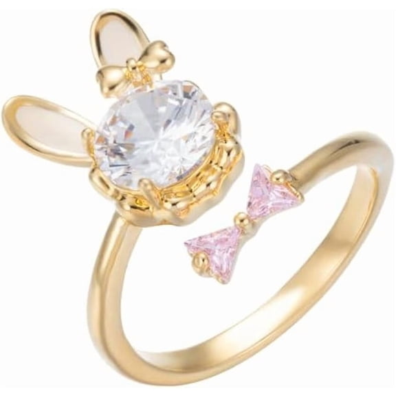 Cute Bunny Rabbit Ring for Women CZ Crystal Pink Bow Wrap Finger Band Animal Open Statement Ring Promise Eternity Rings Wedding Band Dainty Jewelry