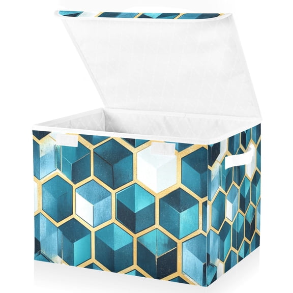 Yayeee Collapsible Cube Storage Bin with Lid Fabric Closet Decorative Basket with Handles, Light Blue Geometric Pattern