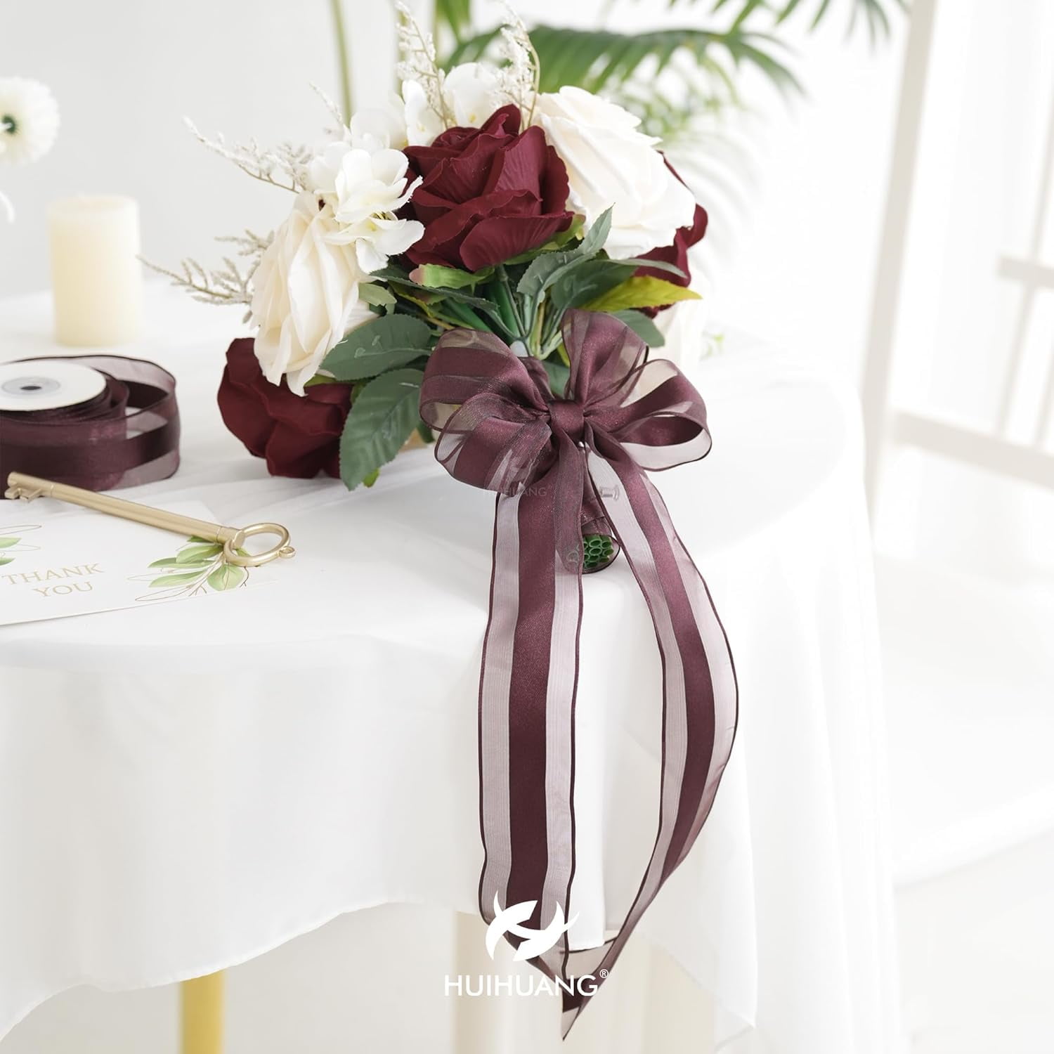 Burgundy Sheer Christmas Ribbon with Satin Stripe 2.5 inch Burgundy Wired Ribbon for Bows Making, Wreaths, Garland, Gift Wrapping, Wedding Bridal Shower Decorations-Continous 10 Yards