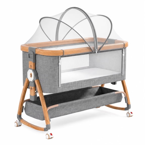 Chastar Bassinet, Foldable Bedside Bassinet with 6 Adjustable Heights and Mesh Panels, for Newborns, Gray