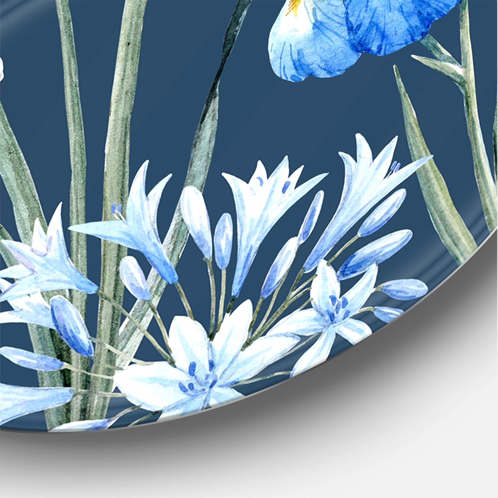 Designart 'Blue and White Spring Flowers On Dark Blue' Traditional Circle Metal Wall Art 29x29 - Disc of 29