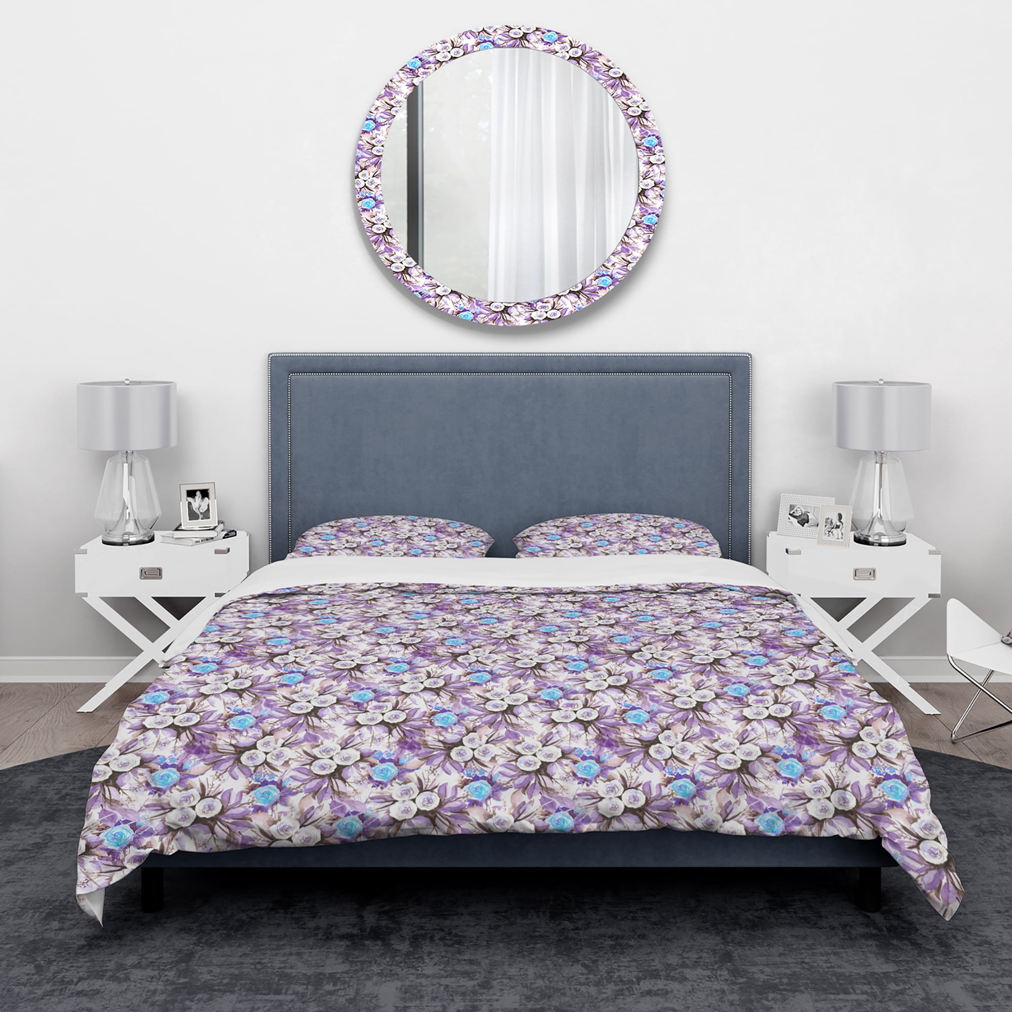 Designart 'Cascade Bouquet Royal Blue Purple & White Flowers' Traditional Duvet Cover Set
