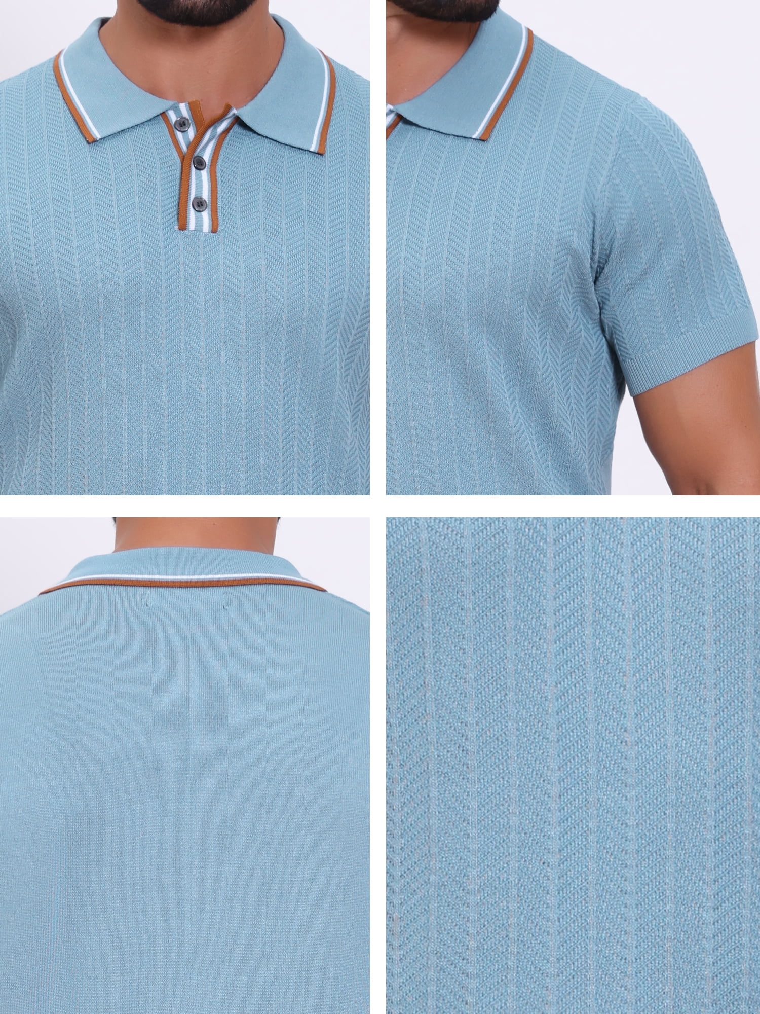 DARING DIVA Men's Knitted Ribbed Hem Short Sleeve Textured Golf Shirts L Light Blue