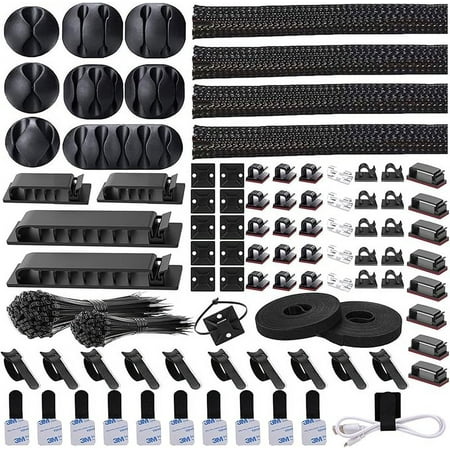 311Pcs Cable Management Organizer Kit 4 Cable Sleeve Split,53Cable Clips 12Cord Clips Holder,22 Cable Ties, 20 Adhesive Wall Cable Tie, 200Fasten Cable Ties for TV Office Home Electronics