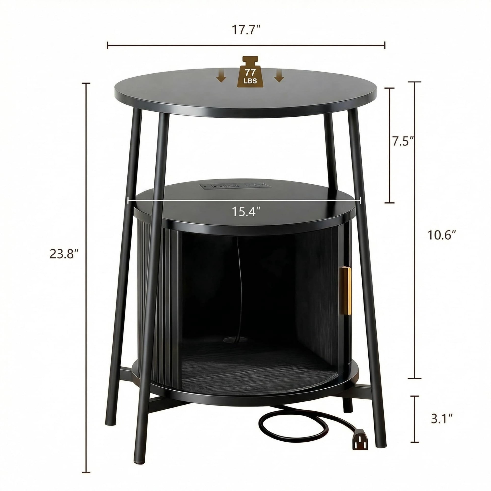 Round End Table Set of 2 with Charging Station, Fluted Side Table with Sliding Door, Mid Century Modern Nightstand for Bedroom & Living Room, Black