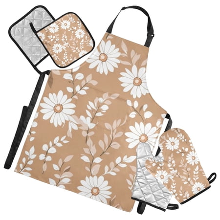 Daisy Flowers on Brown Oven Mitts and Pot Holders with Chef Apron Set 5 Pcs Kitchen Cooking Set