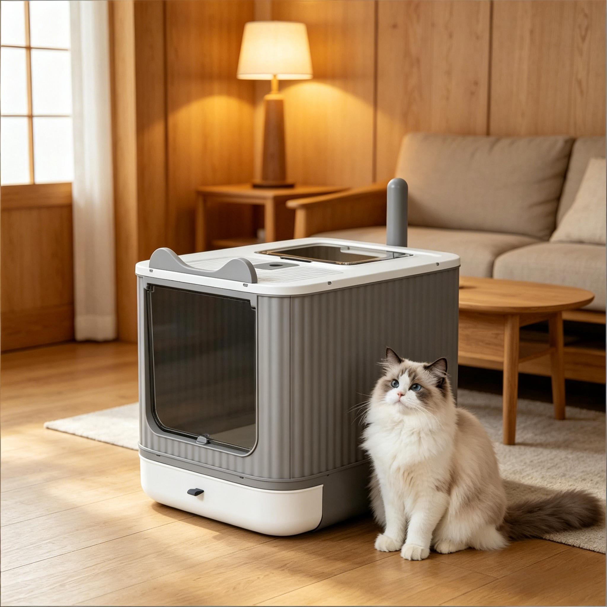 Enclosed Cat Litter Box with Slide-Out Tray for Small-Medium Cats, Top-Exit Design, Odor Control, Includes Scoop & Charcoal Packs, White