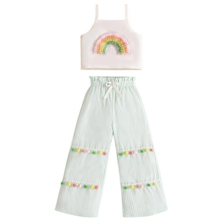 

TAIAOJING Baby Girl Sleeveless Crop Top Pants Infant Toddler Girls Summer Rainbow Print Vest Striped Wide Leg Pants 2PCS Outfits Set Children s Clothing Kids Clothes 2-3 Years