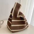 thumbnail image 6 of Student Wide Stripe Reusable Knot Wrist Bag Knit Handbag Shopping Bags Plaid Tote Bag COFFEE, 6 of 8