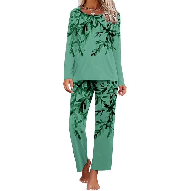 PEZHADA FY24 Économies d'Automne Vêtements de Nuit pour Femmes Ensemble de Pyjama, Pyjamas pour Femmes Ensemble Coton, Chemise de Nuit à Col Rond à Manches Courtes Imprimée pour Femmes et Ensembles Pantalon Tenue de Détente Pyjamas avec Poches Vert