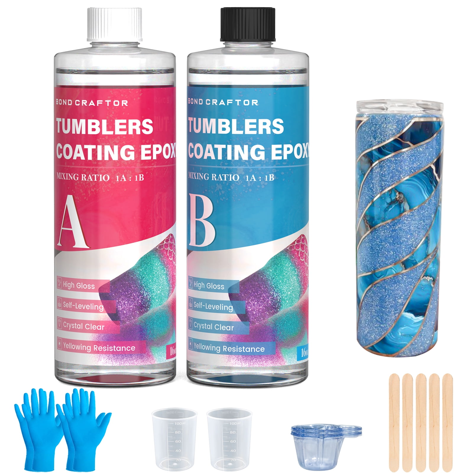 Bond Craftor 32oz Tumbler Coating Epoxy Resin Kit, Crystal Clear Fast Cure Formula, UV Resistant & Low Odor, Easy 1:1 Mix for Cups and Mugs