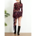 thumbnail image 6 of Women 2 Piece Outfits Rose Print Sheer Long Sleeve Shirt and Irregular Mini Ruffle Skirt Set for Streetwear, 6 of 10