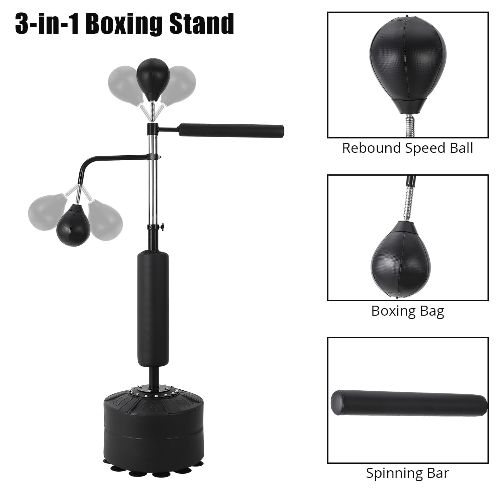 3-in-1 Freestanding Punching Bag Set for Adults & Teens, Boxing Bag with Adjustable Height, 2 Speed Balls & 360° Relax Bar, Complete Home Boxing Equipment Training System, No Mounting Needed