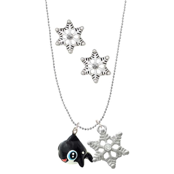 Delight Jewelry Resin Killer Whale Silver tone Snowflake Charm Necklace and Stud Earrings