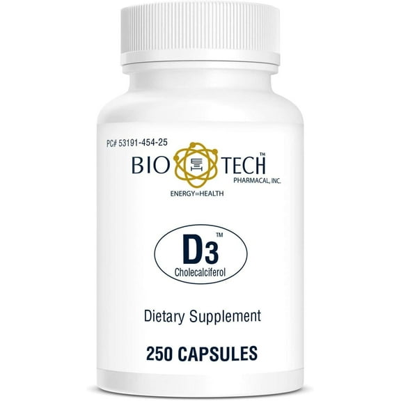 Bio-Tech Pharmacal D3 (1,000 IU), 250 Capsules – All-Natural Supplement – Supports Bone & Immune Health – No Dairy, Fish, Gluten, Peanut, Shellfish, & Soy – No Artificial Colors