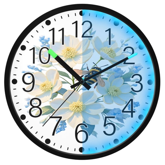 Ryvnso Gardenia Flowers Bee 12 Inch Night Light Wall Clock Silent Battery Operated Luminous Clocks