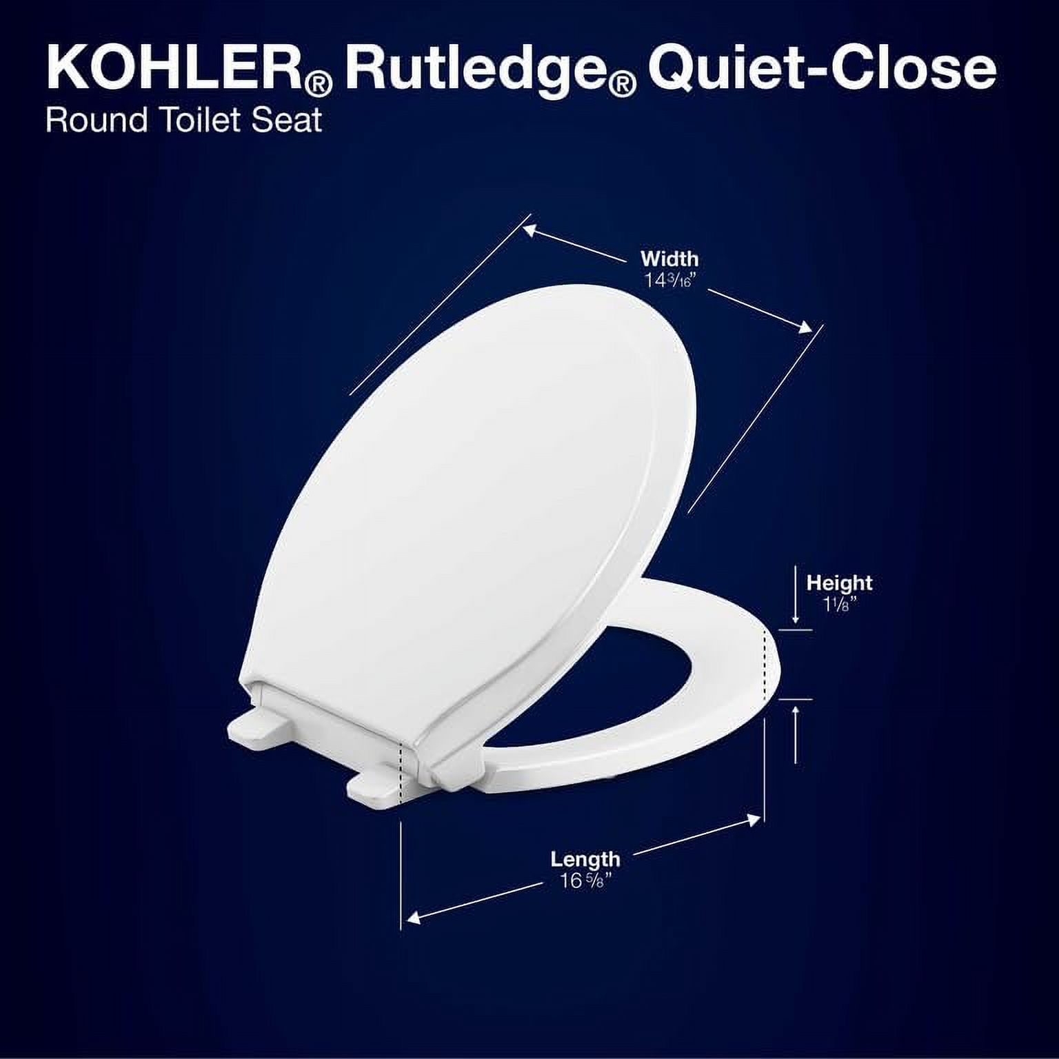 KOHLER 78052-RL-0 Rutledge ReadyLatch Quiet Close Rount Toilet Seat, Slow Close Lid and Seat, Grip-Tight Bumpers and Installation Hardware, White