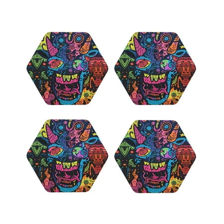 

Leather Coasters Set of 4 - Neon Graffiti Urban Art Lightweight Non-Slip Drink Coasters for Desk Anti-Scalding Desk Cup Coasters for Office Table Decor Hexagon