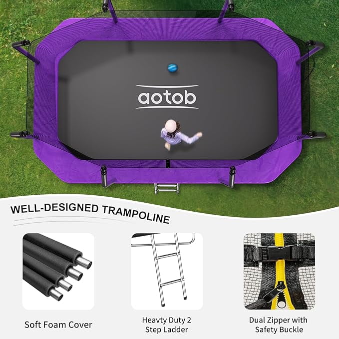 AOTOB 14×8FT Large Rectangular Trampoline with Enclosure Net & Ladder for Kids Adults, 440LBS Heavy Duty Outdoor Recreational Trampoline, Perfect Birthday Party Gift | Purple