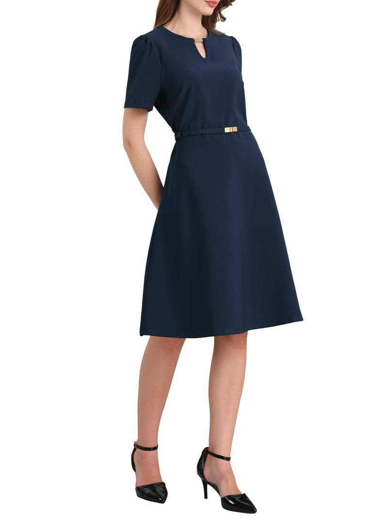 INSPIRE CHIC Women's Cocktail A-Line Dress Choker V Neck Short Sleeve  Belted Elegant Flare Dresses XL Navy Blue - Walmart.com