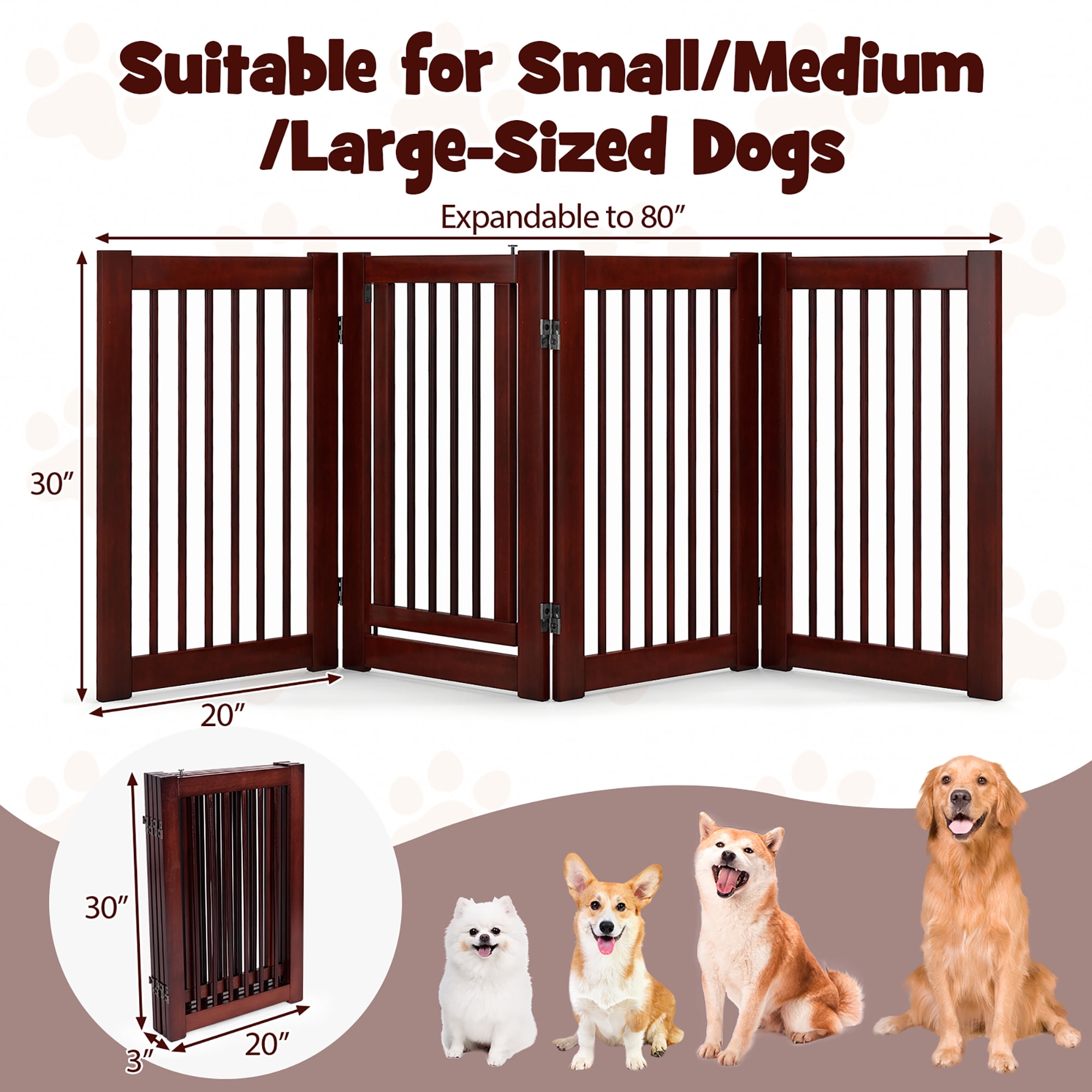 Gymax Freestanding Pet Gate 30'' Tall 4-Panel Wooden Dog Fence Solid Wood Foldable