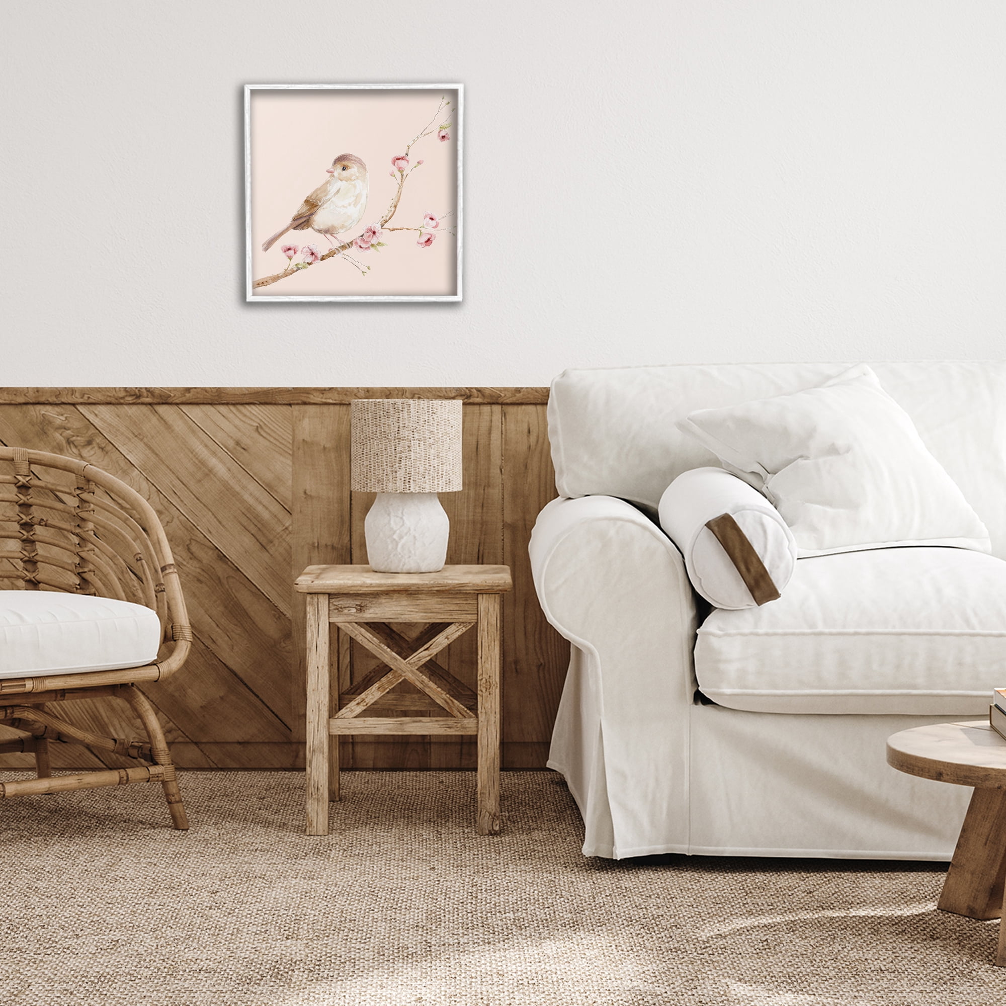 Sweet Brown Bird Perched White Framed Giclee Art, design by Lisa Wehmeyer