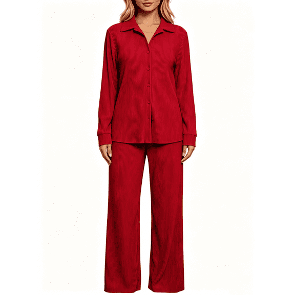 Busydd Women's Pajama Sets Long Sleeve Turndown Collar Button Top and Trousers Two Piece Sleepwear Trendy Solid Color Ribbed Fall Pajamas S