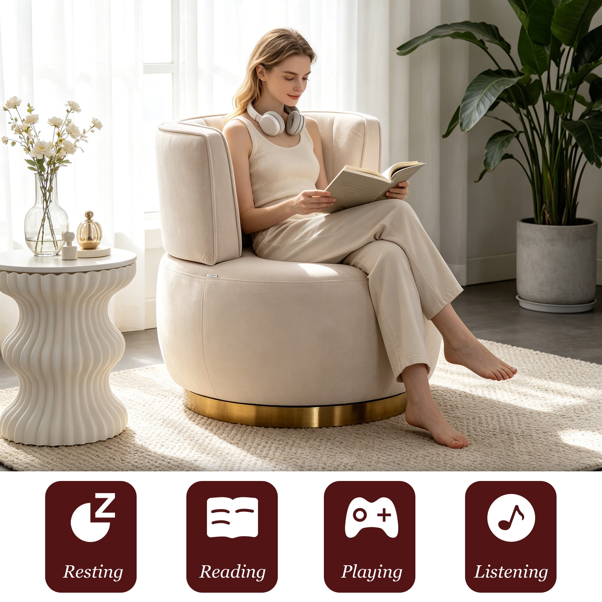 MOONMISS 360° Swivel Barrel Accent Chairs, Round Armchairs with Wide Upholstered, for Living Room, Bedroom, Beige