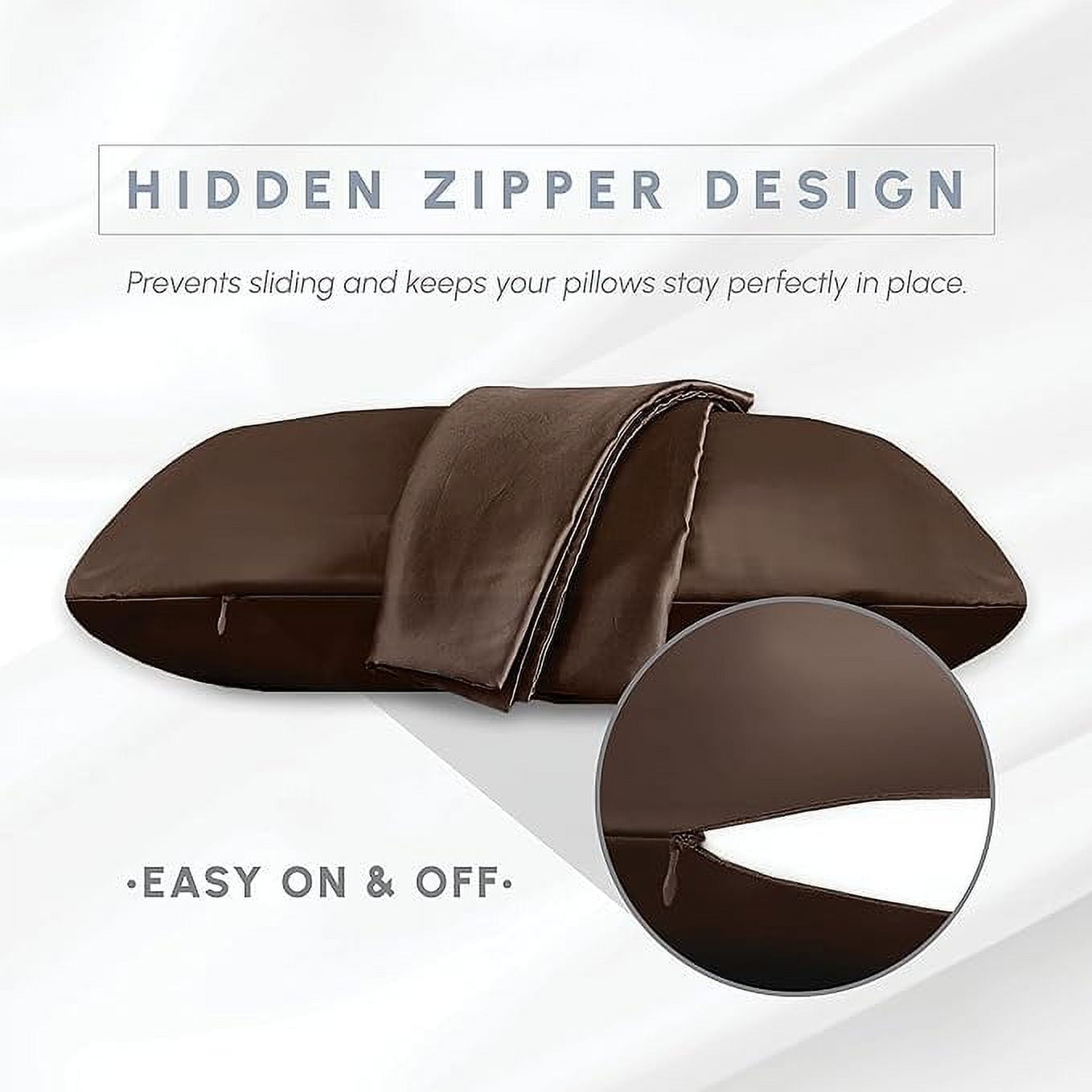 2 Pieces Satin Pillowcase Set with Hidden Zipper closure, King, Chocolate Brown