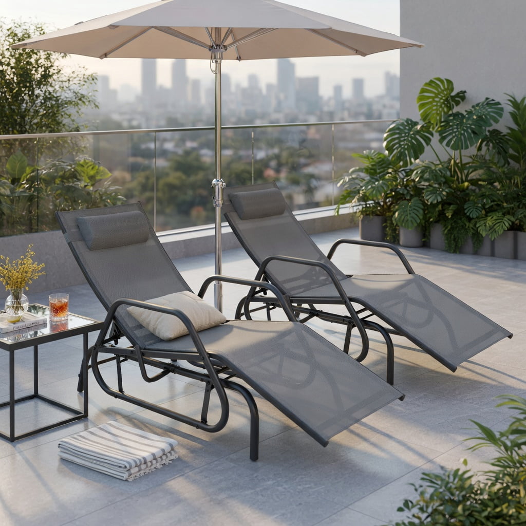 Hommoo Outdoor Chaise Lounge Glider Chair with Adjustable Backrest, Removable Pillow & Quiet Gliding Arms, Fabric & Metal Design, Gray