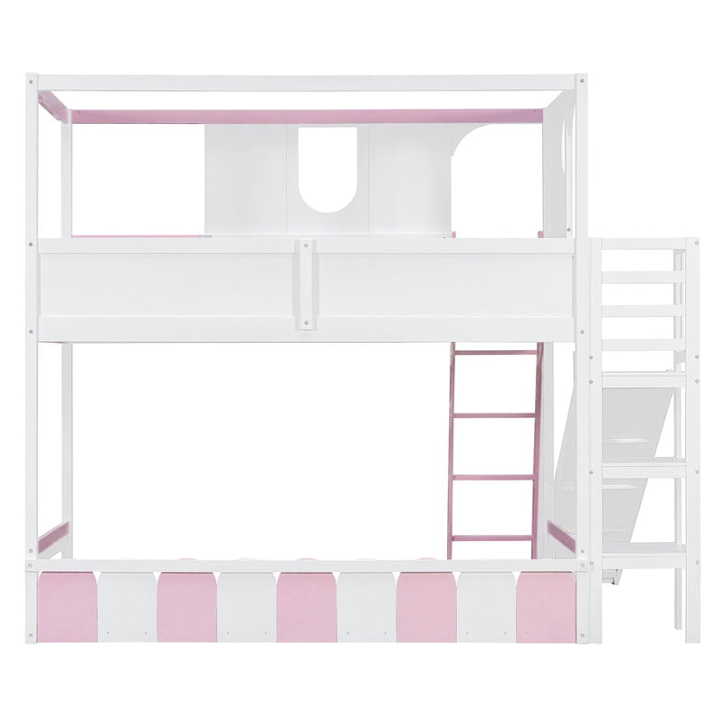 Twin Size Versatile Kids Loft/Bunk Bed with Floor Bed, House Bed Frame with Slide, Storage Shelves and Guardrails