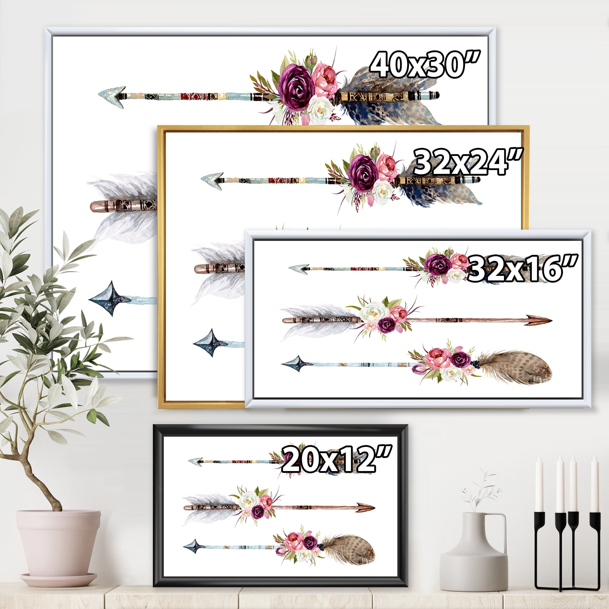 Designart 'Flowers and Ethnic Feathers On Native Arrows III' Bohemian & Eclectic Framed Canvas Wall Art Print