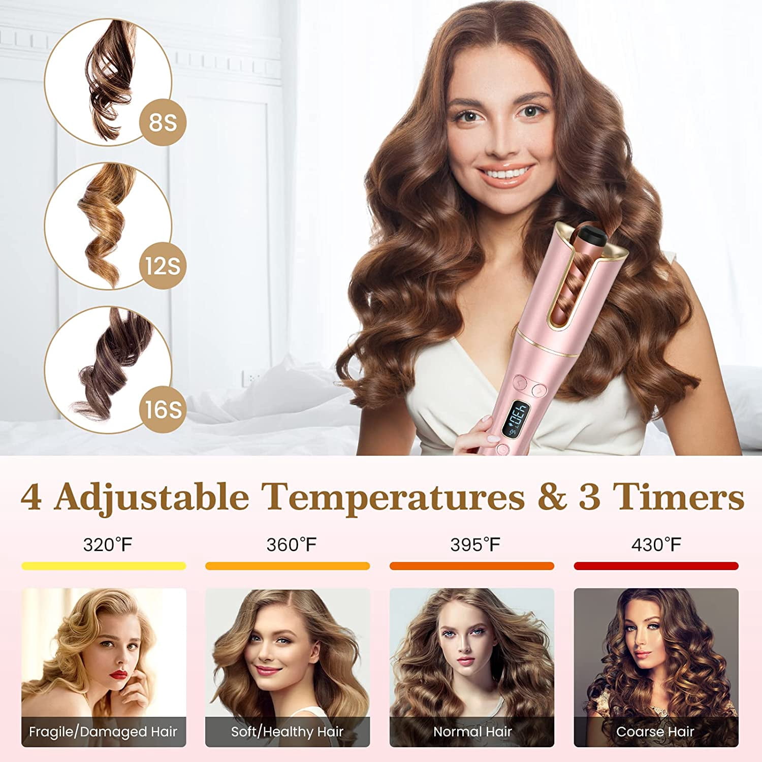 Automatic Hair Curler with 4 Temperature & 3 Timer Settings, Auto-Rotating Ceramic Curling Iron with Anti-Tangle & Anti-Scald Design