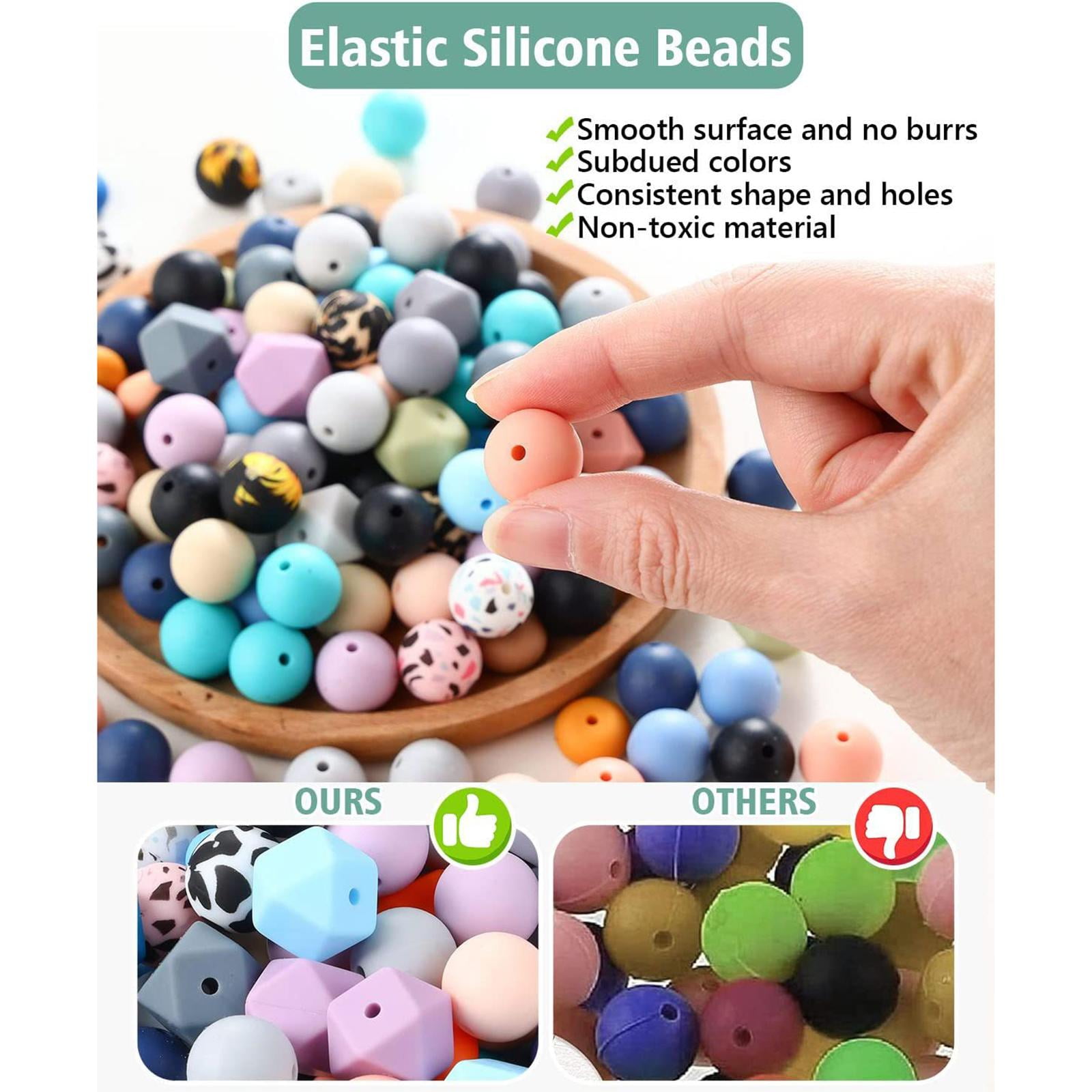 HPZZ 225Pcs Silicone Beads for Keychain Making Kits, 15mm Silicone Beads Bulk, Multiple Styles & Colorful Rubber Beads for Keychains Making DIY Necklace Bracelet Jewelry Crafts