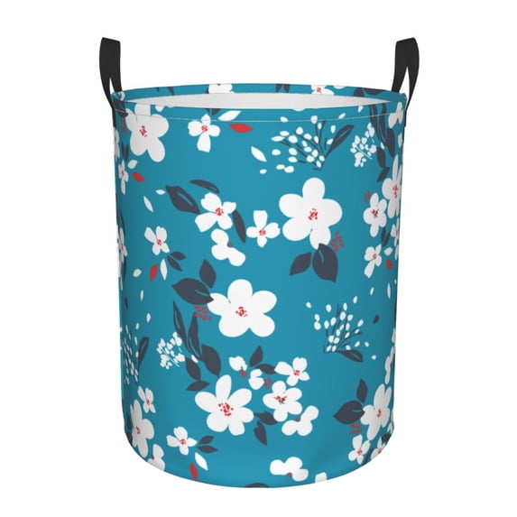 TEQUAN Waterproof Laundry Hampers, Blue Contracted Floral Pattern Clothes Storage Basket with Handle (M)