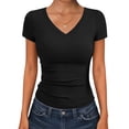 thumbnail image 2 of Lumtrix Women Short Sleeve V Neck Ribbed Knit Fitted Shirts Basic Tees Tops 2026 Summer Casual T-Shirts Going Out Shirts Black L, 2 of 6